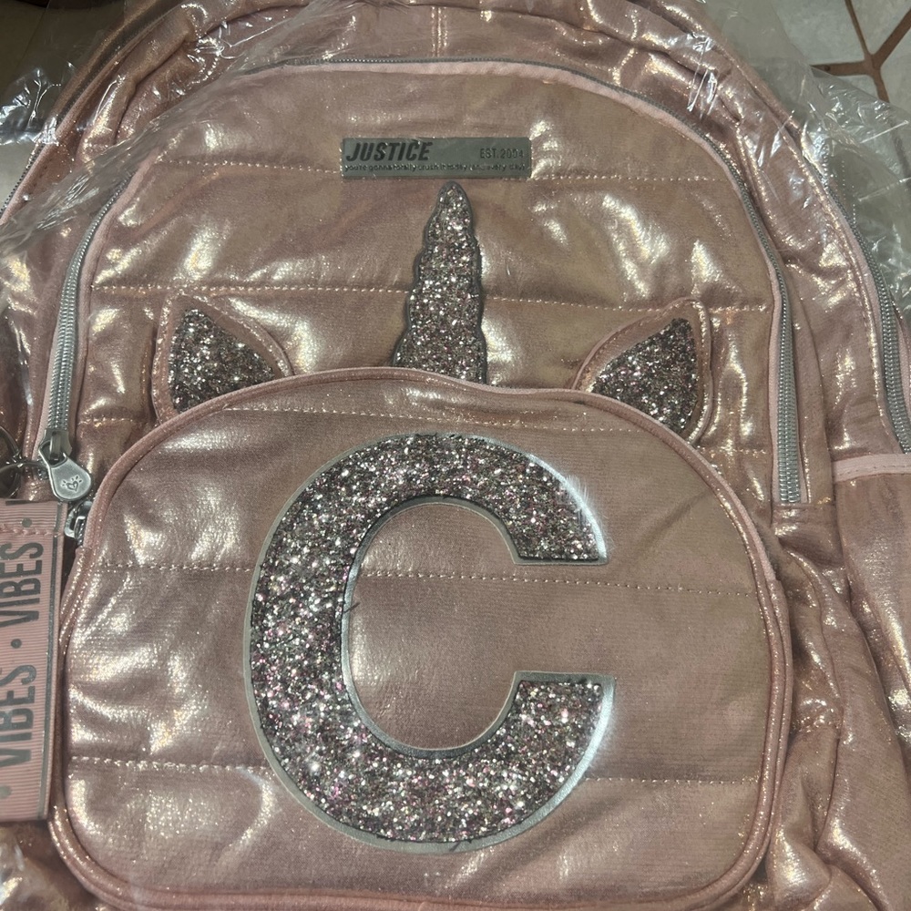 Justice Rose Gold Quilted Unicorn Initial Backpack ~ Letter  C Book Bag New